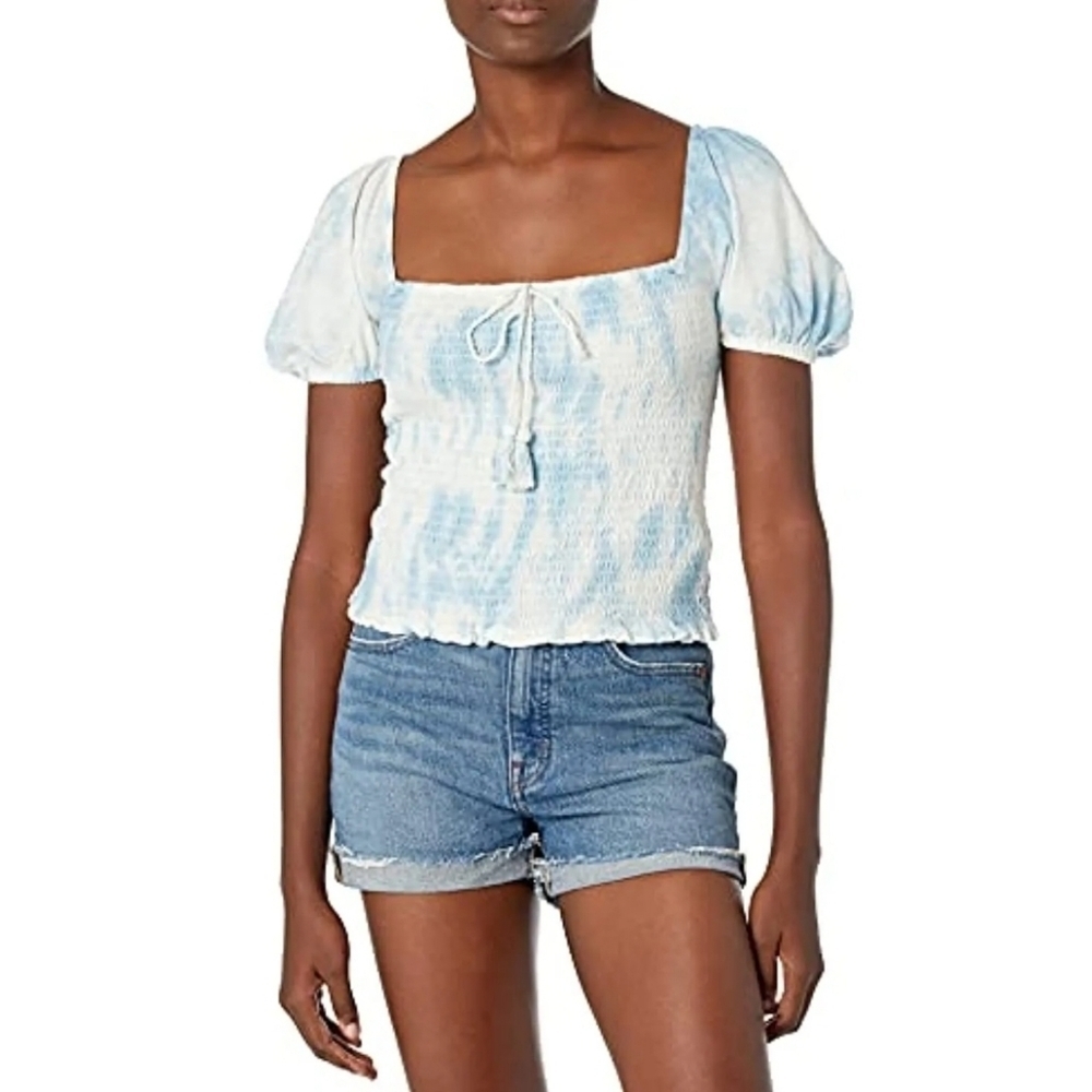 Lucky Brand Smocked Babydoll MilkmaidTop Square Neck Puff Sleeve Tie Dye S